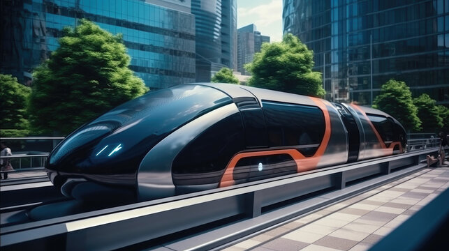 Futuristic concept, Futuristic bullet train or hyperloop ultrasonic train capsule with full self driving system activated in the city of the Future