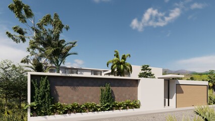 façade, each minimalist white, with a swimming pool in the front, many green areas, double height and special for living