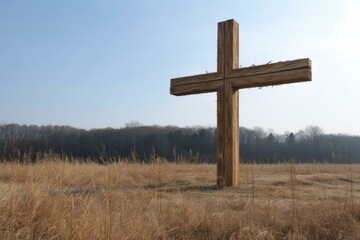 A cross made of wood in an open area. Generative AI
