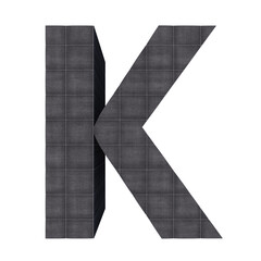 Quilted black fabric 3D letter K isolated on white background