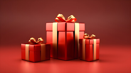 Fototapeta premium red gift box Tie a golden bow on a red background