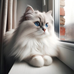 Pensive Feline Gaze: Whiskered Elegance by the Window