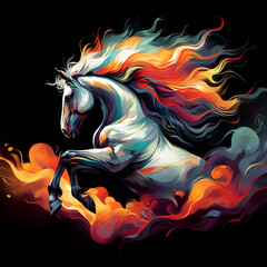 Obraz na płótnie Canvas Stylized Portrait of a Fiery Fantasy Flaming Equestrian Horse Animal Ghost with Flowing Mane Power Galloping Jumping Running Full Trot, Smoke & Blazing Fire Devil Hell Flames, Dark Black Background