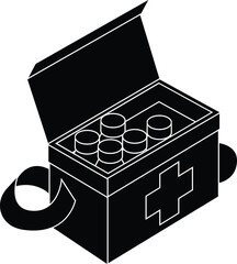 Cartoon Black and White Isolated Illustration Vector Of A Medical Bag with Bottles In And Cross on the Front