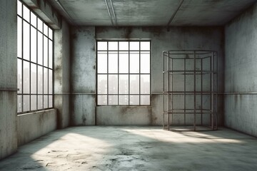 Empty prison cell with window and steel bars, concrete walls. 3D render. Generative AI