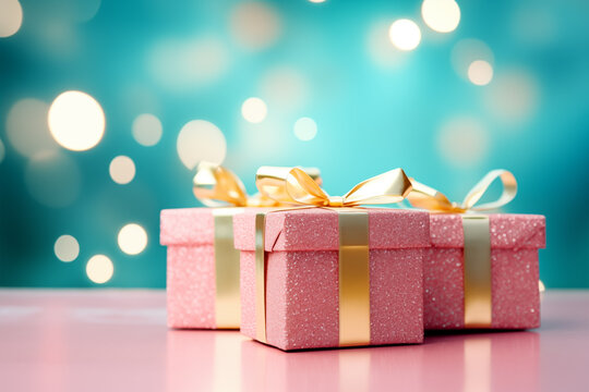 Pink festive gift boxes on teal green background with beautiful bokeh and place for text