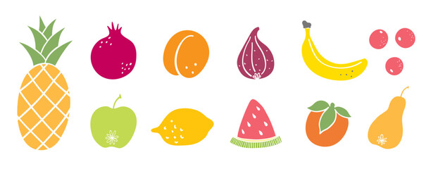 Set of doodle fruits and berry. Bright and colourful food.