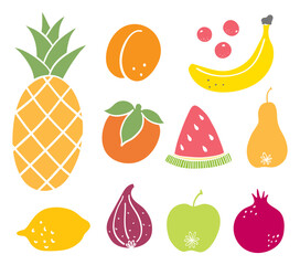 Set of bold fruits and berries. Bright tropical doodle food.