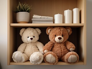 Teddy bears in shelf on wall with pillow