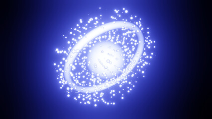 3d rendering of a sphere and a glowing ring with particles. Abstract illustration of a blue glowing object, a cosmic body, a multitude of elementary particles.