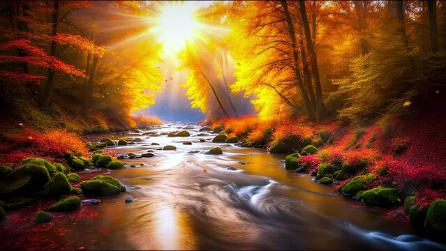 The calm atmosphere of a river in the forest in the autumn afternoon. 4k resolution looping video