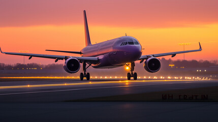 Fototapeta na wymiar Passenger jet airbass taking off on a runway at dawn with a purple and orange sky sunset with runway lights. Generated AI