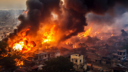 Fototapeta premium Burning houses with fire after airstrike on city center