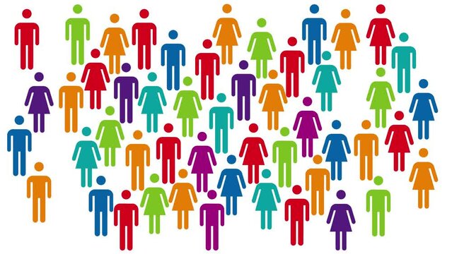 Growing gathering of a crowd of people. Diversity and multiracial. Animated illustration in time lapse. Anonymous people