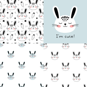 Set of Cute Little Hare seamless patterns. Hand drawn Little Bunny in doodle style for designing baby clothes. Cartoon Bohemian nursery print. Kids design texture. Vector illustration.