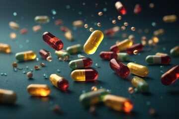 A group of antibiotic capsules falling. Healthcare and medical 3D. colorful pills