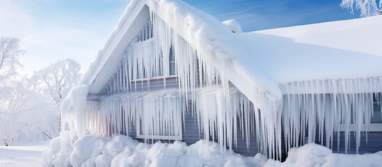 A winter house with large icicles on the gutter above windows and a snow covered roof after a blizzard - obrazy, fototapety, plakaty