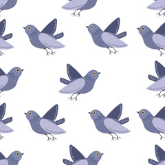 Seamless pattern with the image of pigeons Cartoon Funny  birds. Flat character design