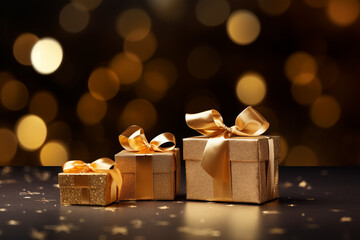 Golden festive gift boxes on black background with beautiful bokeh and copy space for text