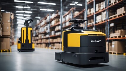 AGV (Automated guided vehicle) in warehouse logistic and transport - obrazy, fototapety, plakaty