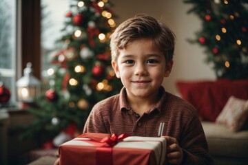 young child kid, at home with a christmas present, christmas eve, anticipation and christmas mood 