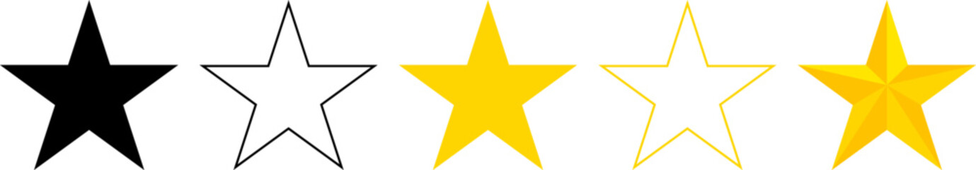 Gold star award on transparent background. Five stars rating. 5-star quality rating icon. Five stars customer product rating review flat icon for apps and websites - obrazy, fototapety, plakaty
