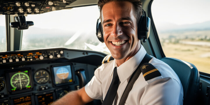 portrait of Commercial Pilot, Pilot and navigate the flight of small fixed or rotary winged aircraft, primarily for the transport of cargo and passengers