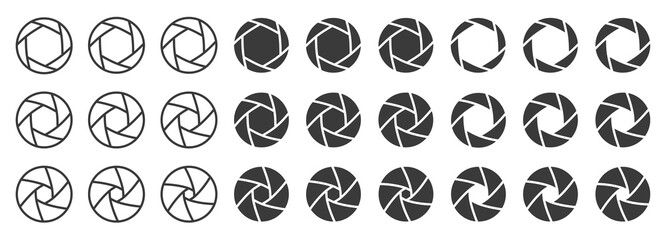 Camera shutter, lenses and photo camera icons set