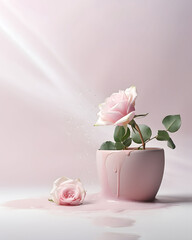 Pot with a rose, pastel pink floral composition.