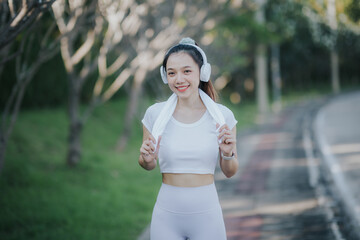 Portrait of a female athlete running in a park flooding the middle of green nature in the evening.