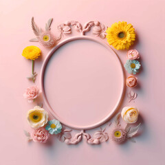 Fototapeta na wymiar Oval, floral border frame, pastel pink copy space, spring holidays celebration.