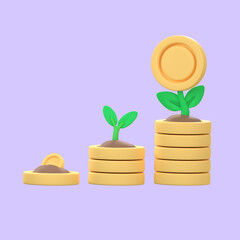 The pile of golden coins increased in number. with growing trees investment ideas. 3D Illustration with clipping path.