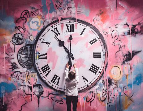 Creative mural, a drawing of a large clock in the middle, a girl trying to reach the hands.