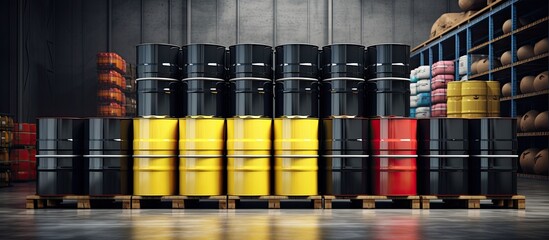 Chemical warehouse with diverse colored metal barrels Production storage and pallets of toxic substances