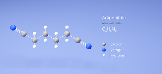 adiponitrile molecule, molecular structures, precursor polymer nylon 66, 3d model, Structural Chemical Formula and Atoms with Color Coding