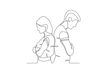 A couple sadly separates. Breakup one-line drawing