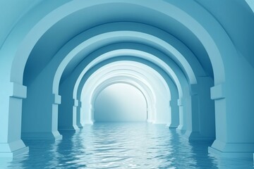 Water background with arch architecture, tunnel, geometric construction in a 3D rendering. Generative AI