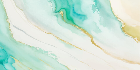 Abstract watercolor paint background illustration - Soft pastel green aquamarine color and golden lines, with liquid fluid marbled paper texture banner texture.	