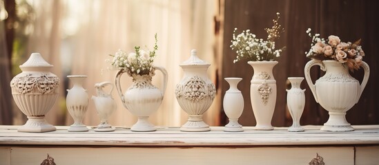 Vintage display featuring delicate antique pottery trophy vases with a shabby chic aesthetic