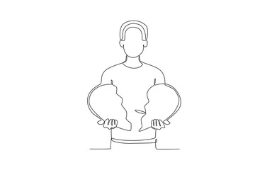 A man holding a broken heart. Breakup one-line drawing