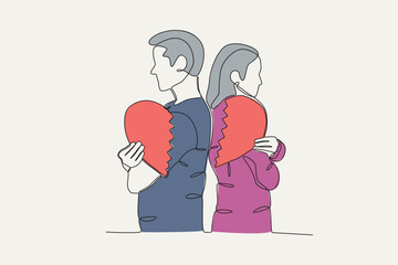 Color illustration of a husband and wife separating. Breakup one-line drawing