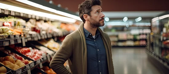 Fotobehang Confused male customer shopping at supermarket unsure about bill © 2rogan