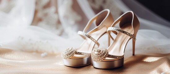 Ring placed among white lace footwear at wedding