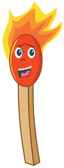 Cartoon Match - A Burning Matchstick with a Smiling Face. Vector Illustration isolated on a White Background 