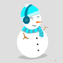 snowman with hat and blue scarf wearing a headset, illustration in flat style