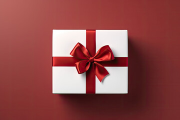 Blank white gift box open or top view of white present box tied with red ribbon bow isolated on dark red background. AI Generative