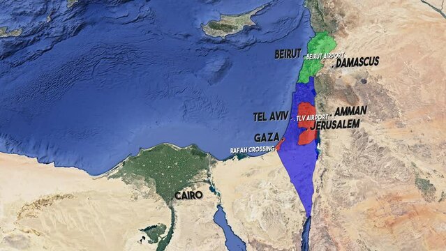 A 3D satellite animated map highlighting Lebanon in green, Palestinian Territories (Gaza, West Bank) in Red, and Israel in Blue. Major cities/airports labeled. Cairo, Damascus Amman Beirut Tel Aviv