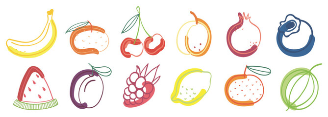 Big set of natural and tropical doodle fruits. 