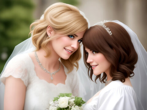 Wedding of two women in wedding dress with wedding bouquet, generative ai