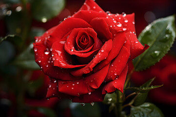 The water droplets on the red rose bloom in beautiful, natural shape.